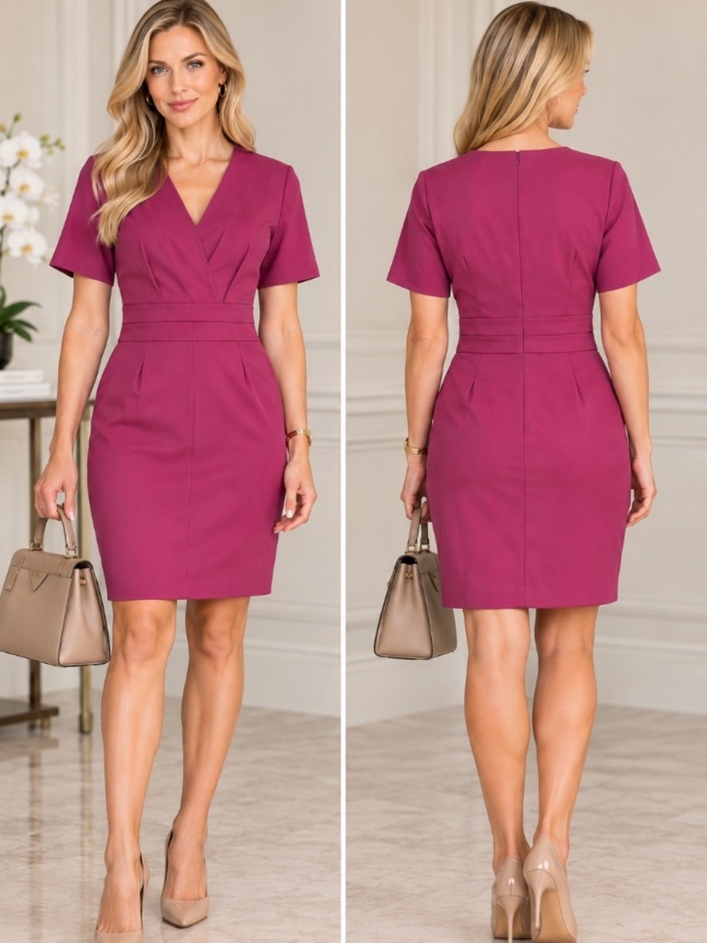 NWT BEYMEN fuchsia short sleeve fine 87% wood detailed knee length dress